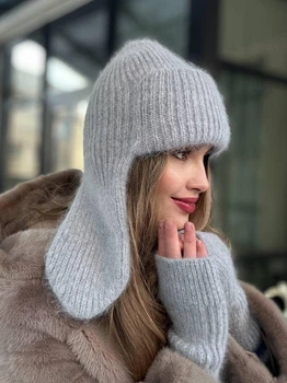 Тепла вушанка та мітенки з натуральної ангори Zefur One size сірі