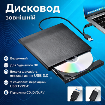 Привод CD DVD внешний USB Type-C USB-A хаб с кардридером microSD SD для ноутбука ПК компьютера чтение запись дисков портативный дисковод для фильмов музыки приложений для дома (101220)