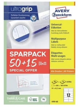 Універсальні самоклеючі етикетки Avery Ultragrip 97×42.3 мм Білі 65 аркушів × 12 шт 4781-65 (4004182347812)