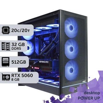 Робоча станція PowerUp Desktop #758 Core Ultra 7 265KF/32 GB/SSD 512GB/GeForce RTX 5060 8GB для 3D моделювання відеомонтажу рендерингу для інженерів та архітекторів