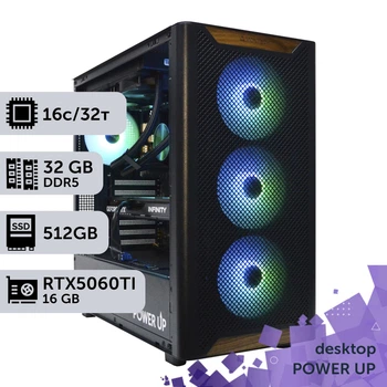 Робоча станція PowerUp Desktop #768 Ryzen 9 9950x/32 GB/HDD 2 TB/SSD 512GB/GeForce RTX 5060Ti 16GB для 3D моделювання відеомонтажу рендерингу для інженерів та архітекторів