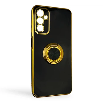 Чохол для Samsung Galaxy M13 4G (SM-M135) глянцевий із захистом камери із золотою окантовкою з кільцем-підставкою чорний
