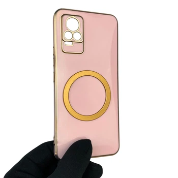 Чехол для Vivo V21E 4G глянцевый с защитой камеры с золотой окантовкой и кольцом MagSafe пудровый
