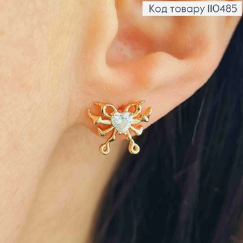 Серьги гвозди "Ажурная Бабочка" с Блестящим камнем в виде Сердца, разм. 1см, XUPING 18К