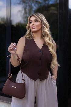 Класична жіноча жилетка коротка на ґудзиках з V-подібним вирізом 42-44, Шоколадний
