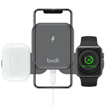 Магнитная док-станция Budi WL4500B 3в1 15W для смартфона наушников и смарт-часов с поддержкой MagSafe QI Черная складная конструкция