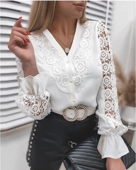 Блузка с V-образным вырезом кружевная рубашка с манжетами воланами GOLDENBLOUSE белая XL (Vl 71)