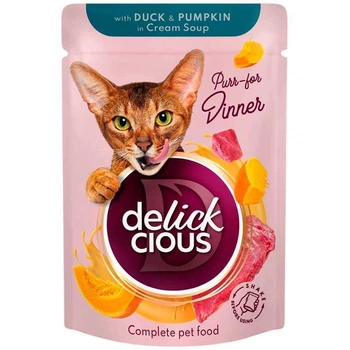 Delickcious Cream Soup with Duck & Pumpkin - Повнораціонний консервований корм Смужки з качкою та гарбузом в крем-супі для дорослих котів 85 г (4820269141797)