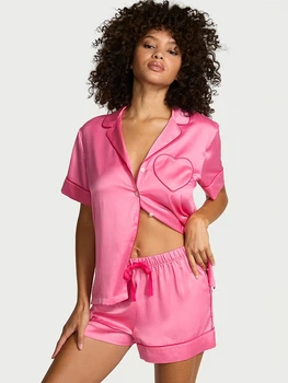 Піжама Сатинова (сорочка + шорти) Victoria's Secret Signature Satin Heart Short Pajama Set S Рожевий (27178577)