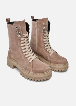 Женские высокие демисезонные ботинки PARADIZE SHOES из темно-бежевой замши с молнией и шнуровкой на бежевой массивной подошве 37 размер (стелька 23,5 см)