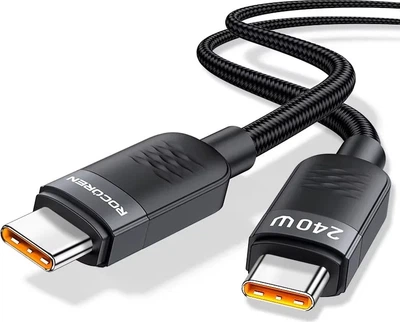 Интерфейсный кабель Rocoren RCXCTT2-LC0G 240W 480Mbps (E-marker 50V 5A) TypeC-TypeC 1m Black (43700)