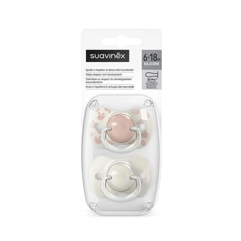Пустушка силіконова фізіологічна 2 шт Suavinex Birdies 6-18 міс., white/pink