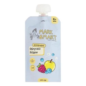 Пюре фруктовое Mark&Mart "Запеченные Яблочки и Ягодки" без сахара, для детей от 6 месяцев, гомогенизированное, стерилизованное, 120г