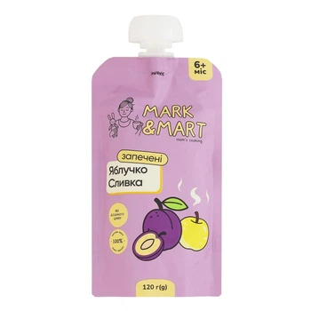 Пюре фруктовое Mark&Mart "Запеченное яблочко и слива" без сахара, для детей от 6 месяцев, гомогенизированное, стерилизованное 120г