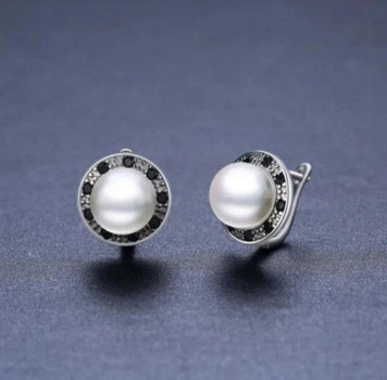 Серьги серебро проба 925 с жемчугом и черными фианитами 9153