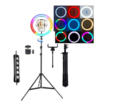 Кольцевая цветная LED лампа Ring Light RGB 26 см со штативом 2 метра и держателем для смартфона