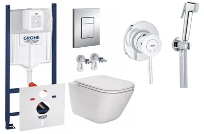 Комплект подвесного унитаза с крышкой Waterway GOLF Vortex и инсталляции Grohe Rapid SL 4в1/ Гігієнічний душ Grohe BauClassic (3884000G/38732000/10812VP/UA11104802)