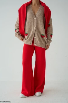 Теплый кардиган с клубничками женский QU STYLE Светло-коричневый (TH251083 l-brown Универсальный (S-M-L))