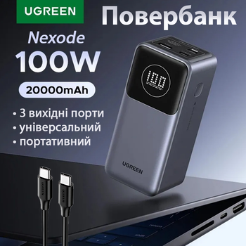 Зовнішній акумулятор Ugreen Nexode 20000mAh (100W) портативний повербанк на 3 порти зі швидким заряджанням і кабелем USB-C (PB725)