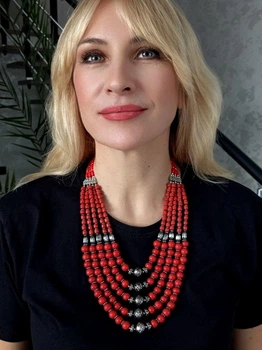 Намисто JN Handicraft з пресованих коралів з мельхіоровими вставками (№42)