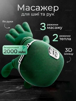 Беспроводной электрический массажер для шеи и рук 3D Shiatsu с подогревом, 3 режима массажа на аккумуляторе