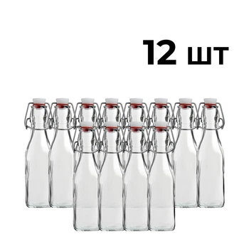 Бутылка Квадратная Бугельная, стеклянная (прозрачная) 1 л. с бугельной пробкой 12 шт.