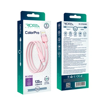 Кабель для заряджання USB Ridea RC-CP43 ColorPro USB/Type C 60W (20V/3A) 1.2m Рожевий