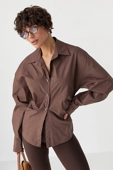 Классическая однотонная рубашка с элегантными пуговицами Lurex Коричневый One Size (25052)