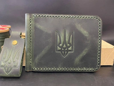 Затиск Для Грошей із Натуральної Шкіри з Гербом Зелений Колір Шкіряний Гаманець