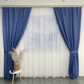 Шторы легкие льняные ALBO голубые 150×270 см, комплект 2 шт. (SH-M1-16)