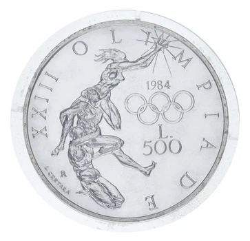 Монета Сан-Марино 500 лир 1984 Серебро AU-UNC XXIII летние Олимпийские Игры в Лос-Анджелесе (Ag 835, 11 грамм)