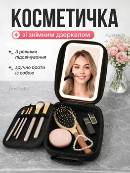Косметичка с зеркалом и LED подсветкой с органайзером для косметики дорожный органайзер для косметики с зеркалом для макияжа Черная