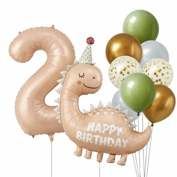 Фонтан Из Шаров Бежевый Динозаврик Happy Birthday И Цифрой