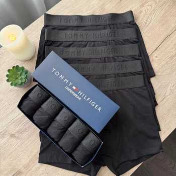Чоловічі труси боксери набір 5шт M Tommy Hilfiger 3D напис Чорні (TH23)