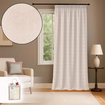 Штора Bella 150×250 см жаккардовая бежевая на тесьме с геометрическим рельефным узором для спальни и гостиной