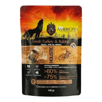 Беззерновой корм Ambrosia Grain free со свежей индейкой и кроликом для взрослых собак всех пород 0,1кг