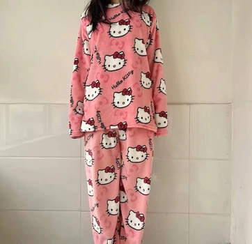 М'яка плюшева піжама Hello Kitty в персиковому кольорі – теплий флісовий комплект унісекс з довгим рукавом для сну та будинку з Хелло Кітті Штани+Кофта Xs-S Персиковий
