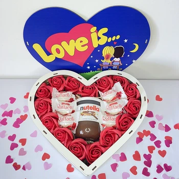 Подарунковий бокс серце "Love is..." з Nutella та Raffaello (дерев'яна коробка)