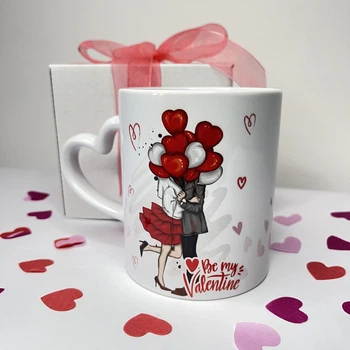 Керамическая кружка с принтом “Be my Valentine” с ручкой в форме сердца, подарок ко Дню влюблённых