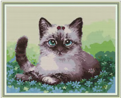 Набор для вышивания по нанесённой на канву схеме "Cat on the flowers".AIDA 14CT printed , 39*32 см