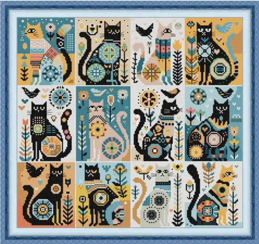 Набор для вышивания по нанесённой на канву схеме «Twelve Black Cats». AIDA 14CT printed , 46*43 см