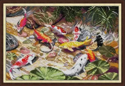 Набор для вышивания по нанесённой на канву схеме "Nine carps". AIDA 14CT printed 41*29 см