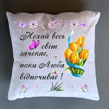 Подушка плюшевая именная Пусть весь мир подождет 35х35 см