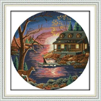 Набір для вишивання за нанесеною на канву схемою "Sunset lake villa".AIDA 14CT printed,48*48см