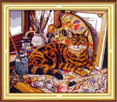 Набор для вышивания по нанесённой на канву схеме"Cat and oil painting".AIDA 14CT printed,54*48см