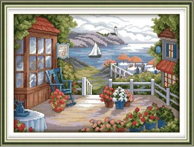 Набор для вышивания по нанесённой на канву схеме "Terrace with blooming flowers".AIDA 14CT printed , 44*33 см