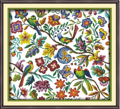 Набор для вышивания по нанесённой на канву схеме "Birds and fragrance of flower". AIDA 14CT printed , 59*55 см