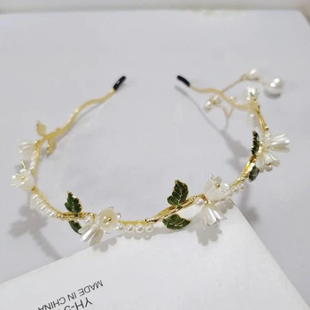 Обруч для волосся з перлами та квітами "Flower Pearl", прикраса на голову, золото