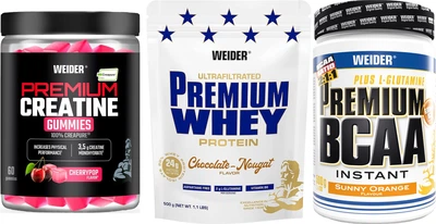 Набор Weider Creatine Gummies 60 желеек + Weider Premium Whey Protein порошок 500 г Шоколад-нуга + Weider Premium BCAA 2:1:1 порошок 500 г Orange (8414192348864) + (4044782300459) + (4044782317006)