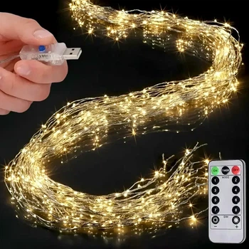Гирлянда светодиодная на USB 1000LED 5м 20 нитей теплый белый с пультом 8 режимов для новогодней елки